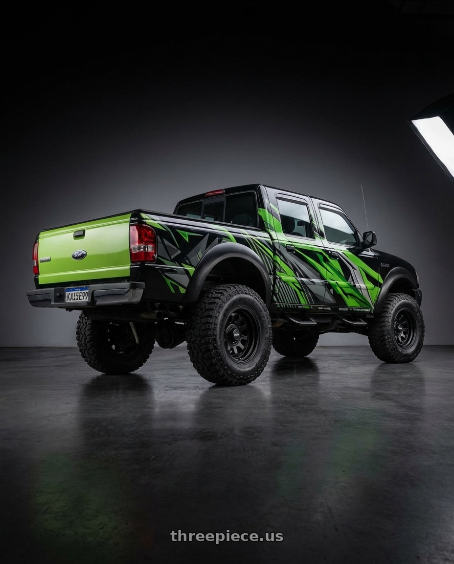 ford ranger 3.0 cabine dupla adesivada com gráfico e tampa traseira da caminhoenete é verde limão, ano 2005 with Black Rock 909B Type D Alloy 6x139.7 17x8 +0 Matte Black wheels rear three quarter view square tires