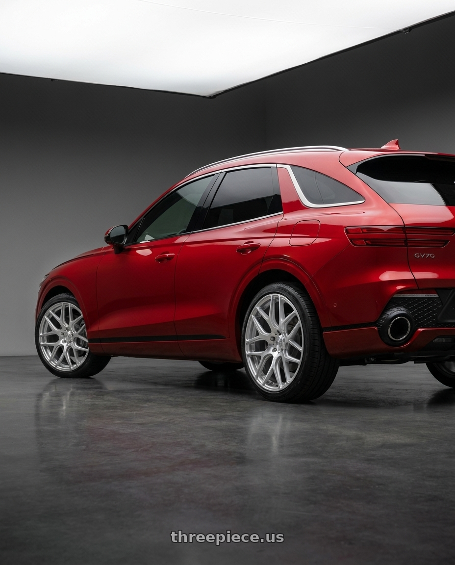 2023 Genesis gv 70 with MRR GF9 5x112 20x10  +25 Silver Machine Face wheels rear three quarter view square tires