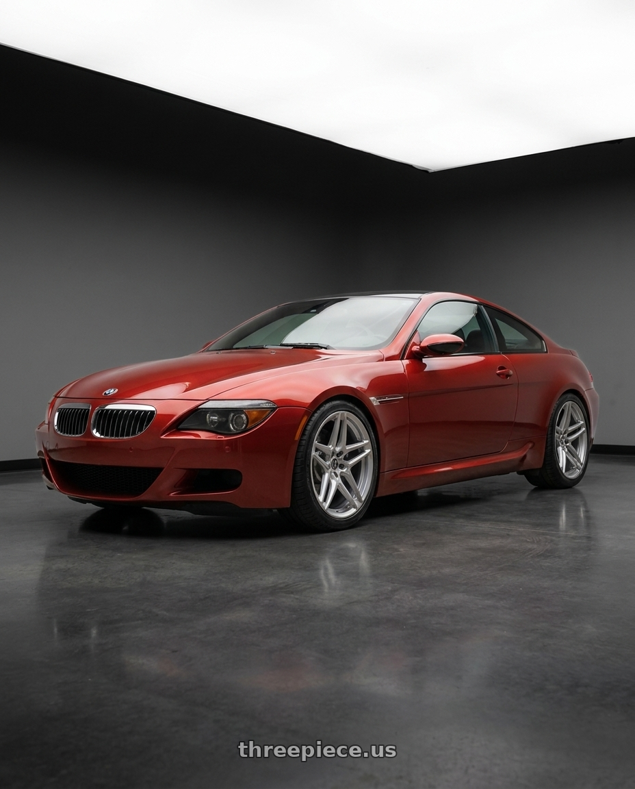 2006 BMW M6 with HERITAGE WHEEL EBISU MONOC 5x120 20x9 +25 SILVER wheels front three quarter view lowered stance