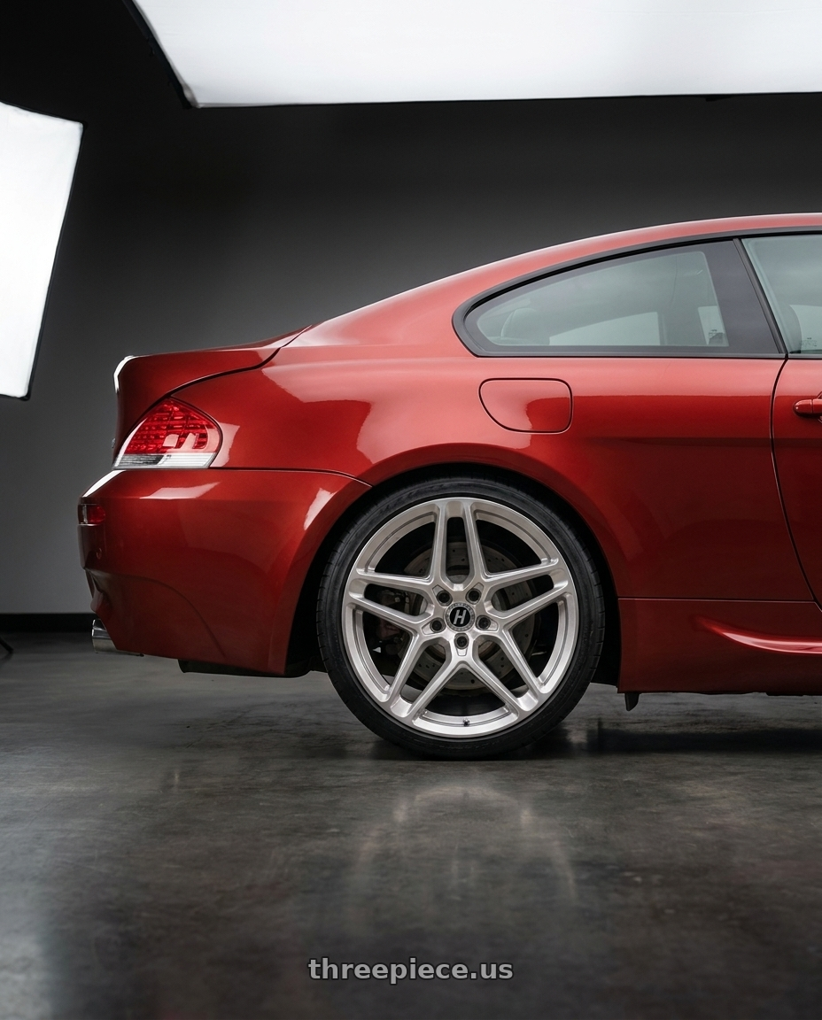 2006 BMW M6 with HERITAGE WHEEL EBISU MONOC 5x120 20x9 +25 SILVER wheels rear three quarter view square tires