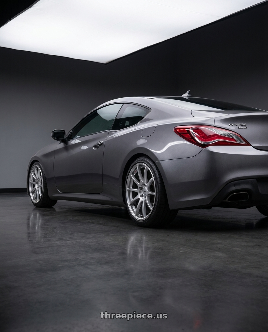 2014 Hyundai Genesis Coupe with Ssr Gtv02 5x114.3 19x8.5+38  GLARE SILVER wheels rear three quarter view square tires