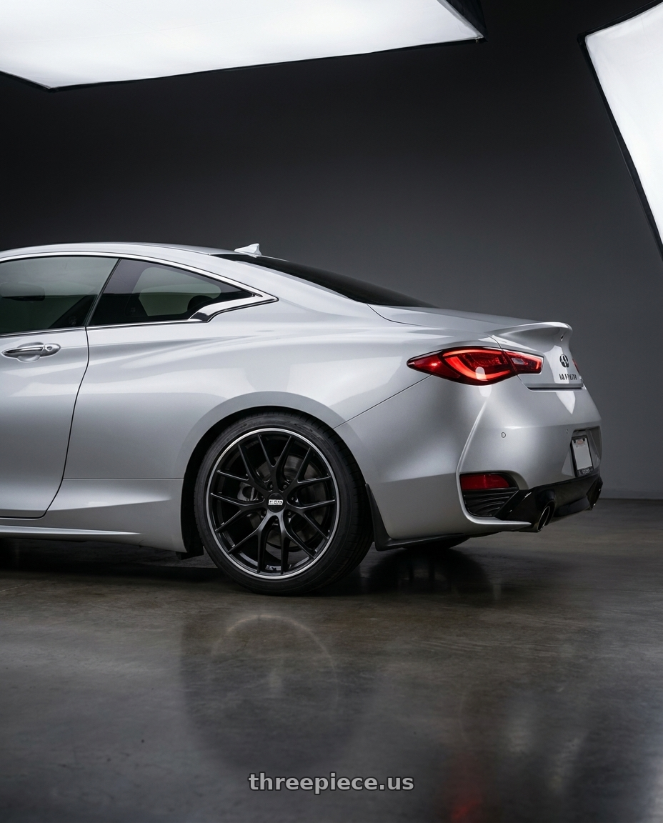 2020 Infiniti Q60 with BBS CC-R 5x114.3 19x8.5+30 Satin Black wheels rear three quarter view square tires