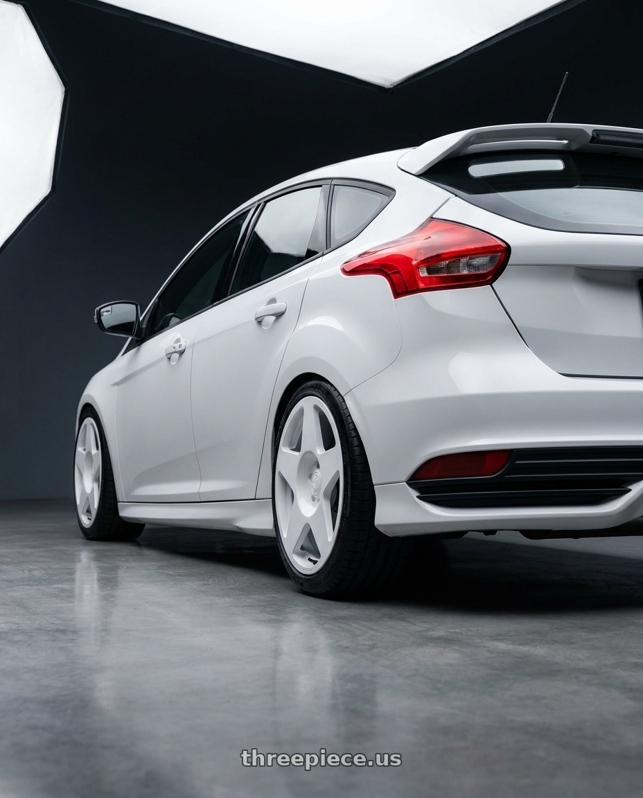 2016 focus st  with fifteen52 TARMAC 5x108 18x8.5 +42 RALLY WHITE (GLOSS WHITE) wheels rear three quarter view slight stretch tires