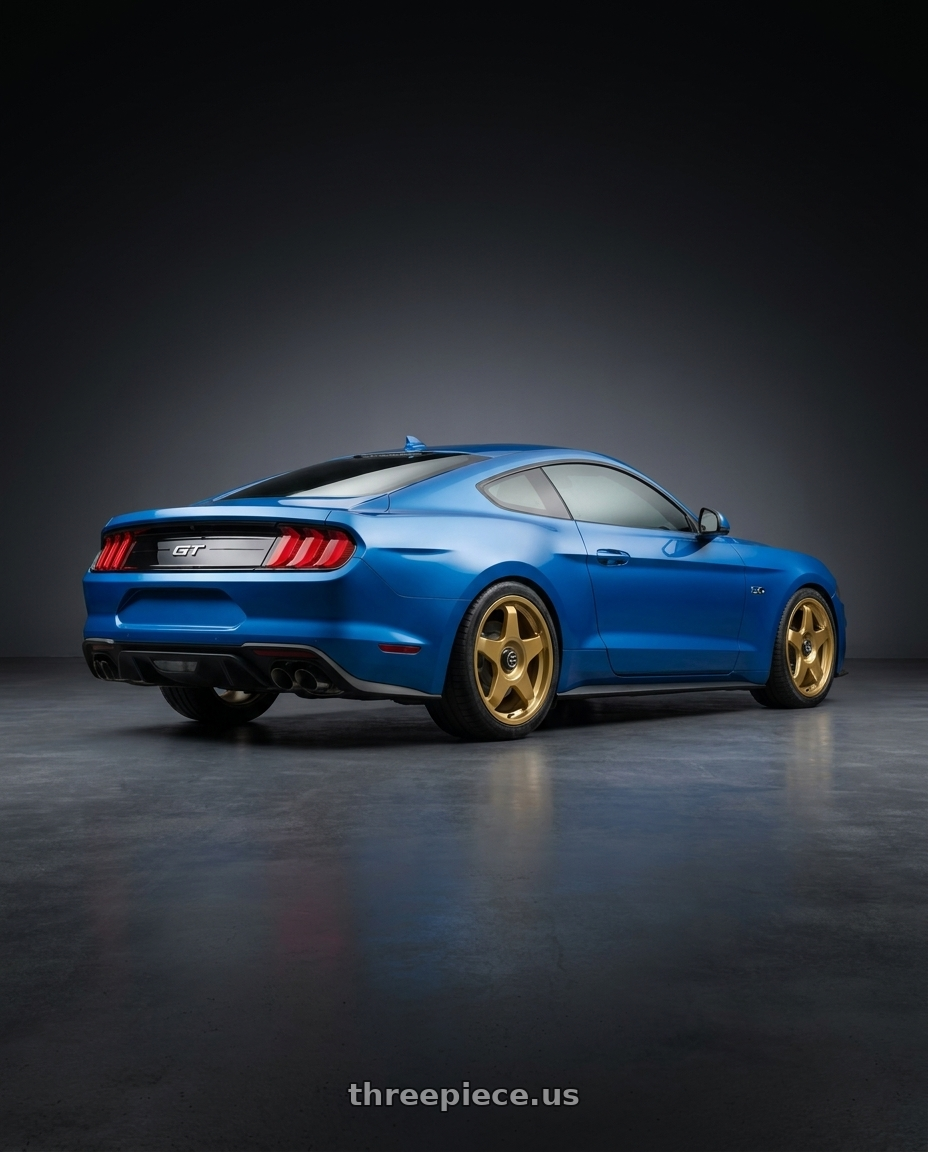 2022 Ford Mustang GT with fifteen52 CHICANE 5x114.3 / 5x120 19x8.5 +35 GOLD (GLOSS GOLD) wheels rear three quarter view square tires