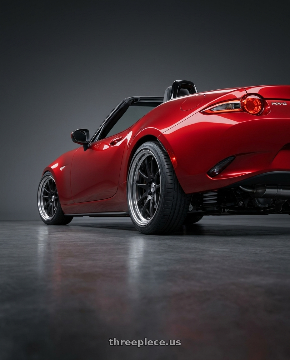 2024 mazda mx5  with Work Cr 2P 4x100 17x8.0 +38 Matte Black wheels rear three quarter view square tires