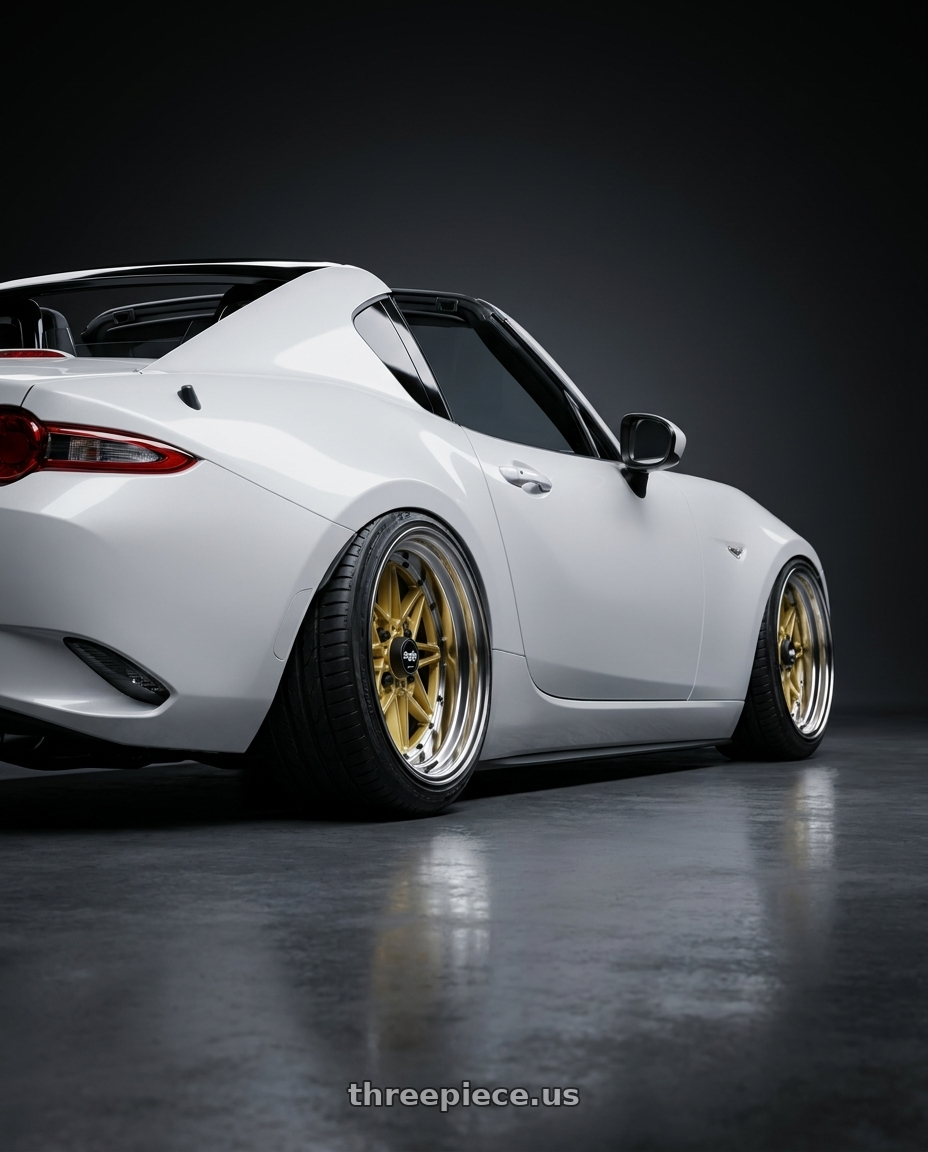 2025 MAZDA MX5 ND RF BY ITSDENNY.NINES with WORK Equip 03 4x100 15x11.5 -12 GOLD wheels rear three quarter view slight stretch tires