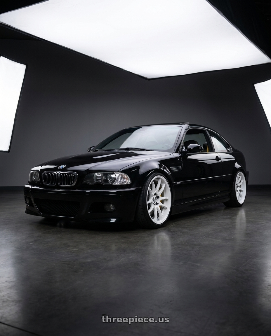 2001 BMW M3 with Work Cr 2P 5x120 18x10.0 +22 Gloss White wheels front three quarter view slammed stance