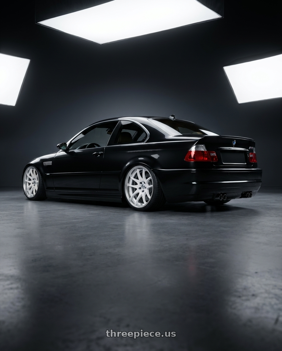 2001 BMW M3 with Work Cr 2P 5x120 18x10.0 +22 Gloss White wheels rear three quarter view square tires