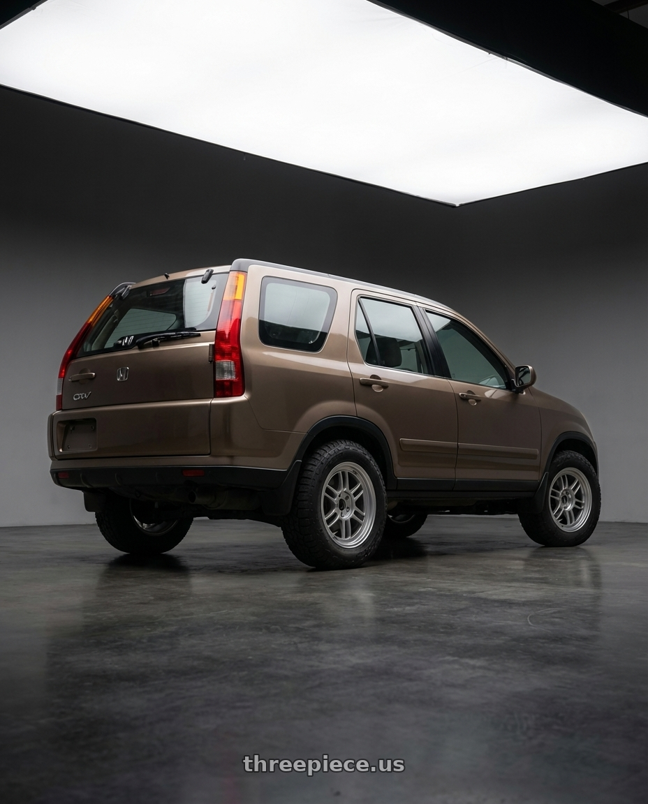 2002 Honda CRV LX, mojave brown metallic with Enkei RPF1 5x114.3 16x7+43 Silver wheels rear three quarter view square tires