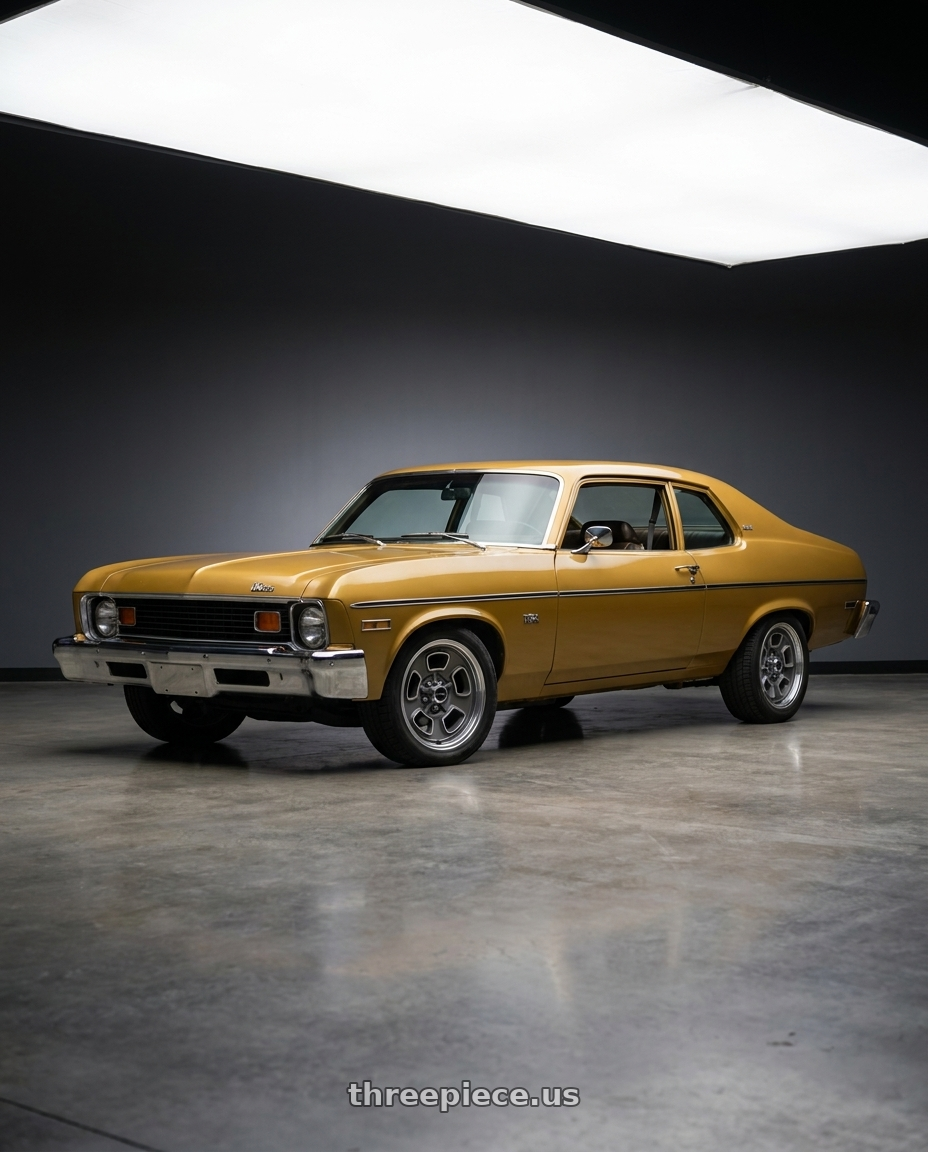 1974 Chevrolet Nova with Vision American-Muscle 148 Shift 5x120.65 15x8+0 Satin Grey Machined Face/Lip wheels