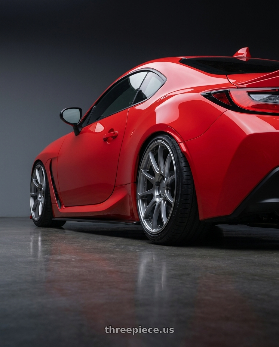 2024 Toyota GR86 with Ssr Gtv02 5x114.3 18x8.5+40  GLARE SILVER wheels rear three quarter view slight stretch tires