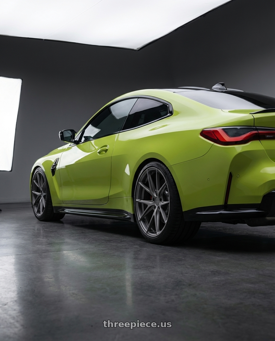 2024 BMW M4 G82 with Niche 1PC M116 MISANO 5X112 19X9.5 +35 MATTE GUN METAL wheels rear three quarter view square tires