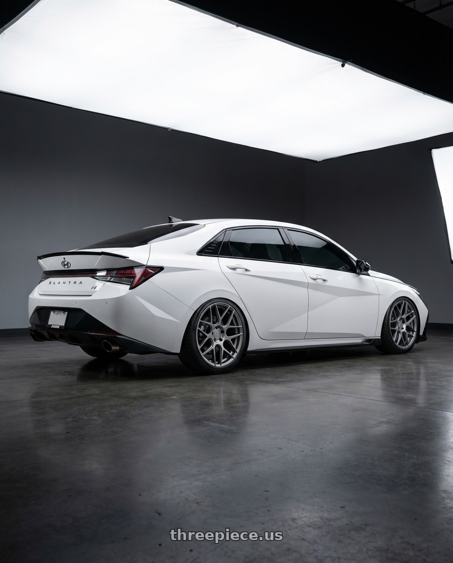 2024 Hyundai Elantra N with Aodhan AFF2 5x114.3 19x8.5+35 Matte Gray wheels rear three quarter view slight stretch tires