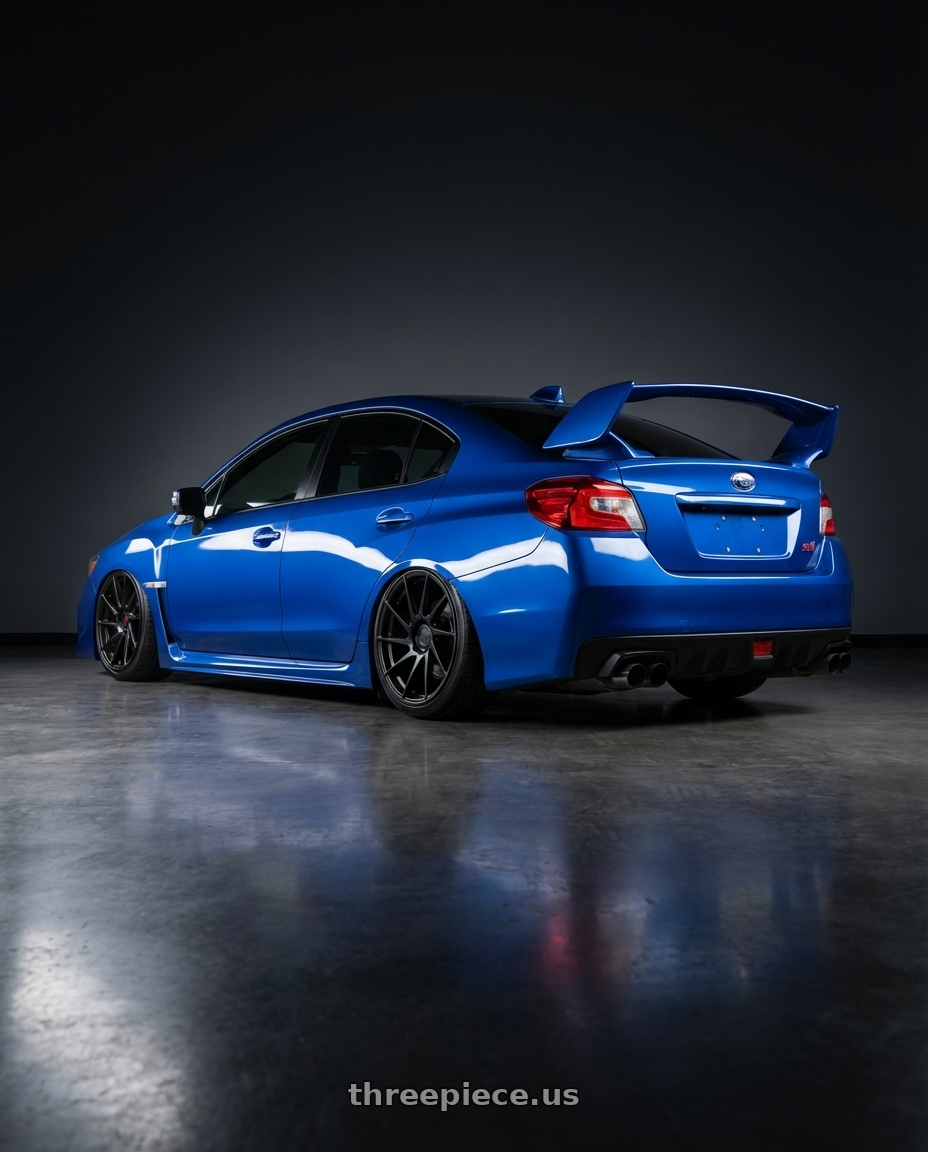2013 Subaru WRX STI with Aodhan AH09 5x114.3 18x8.5 +35 Matte Black wheels rear three quarter view slight stretch tires