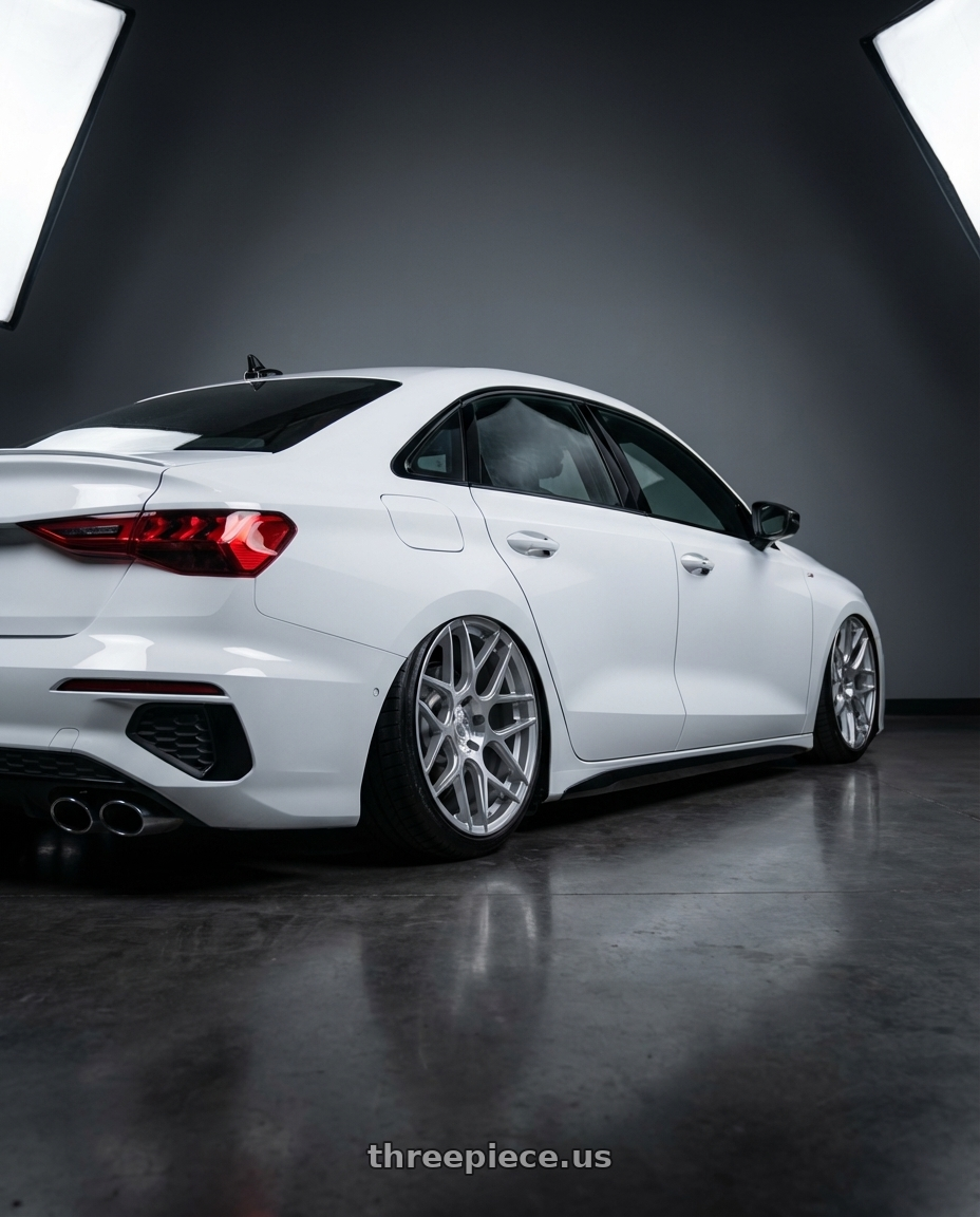 2024 Audi S3 8Y with Aodhan AFF2 5x112 19x9.5+35 Gloss Silver Machined Face wheels rear three quarter view slight stretch tires