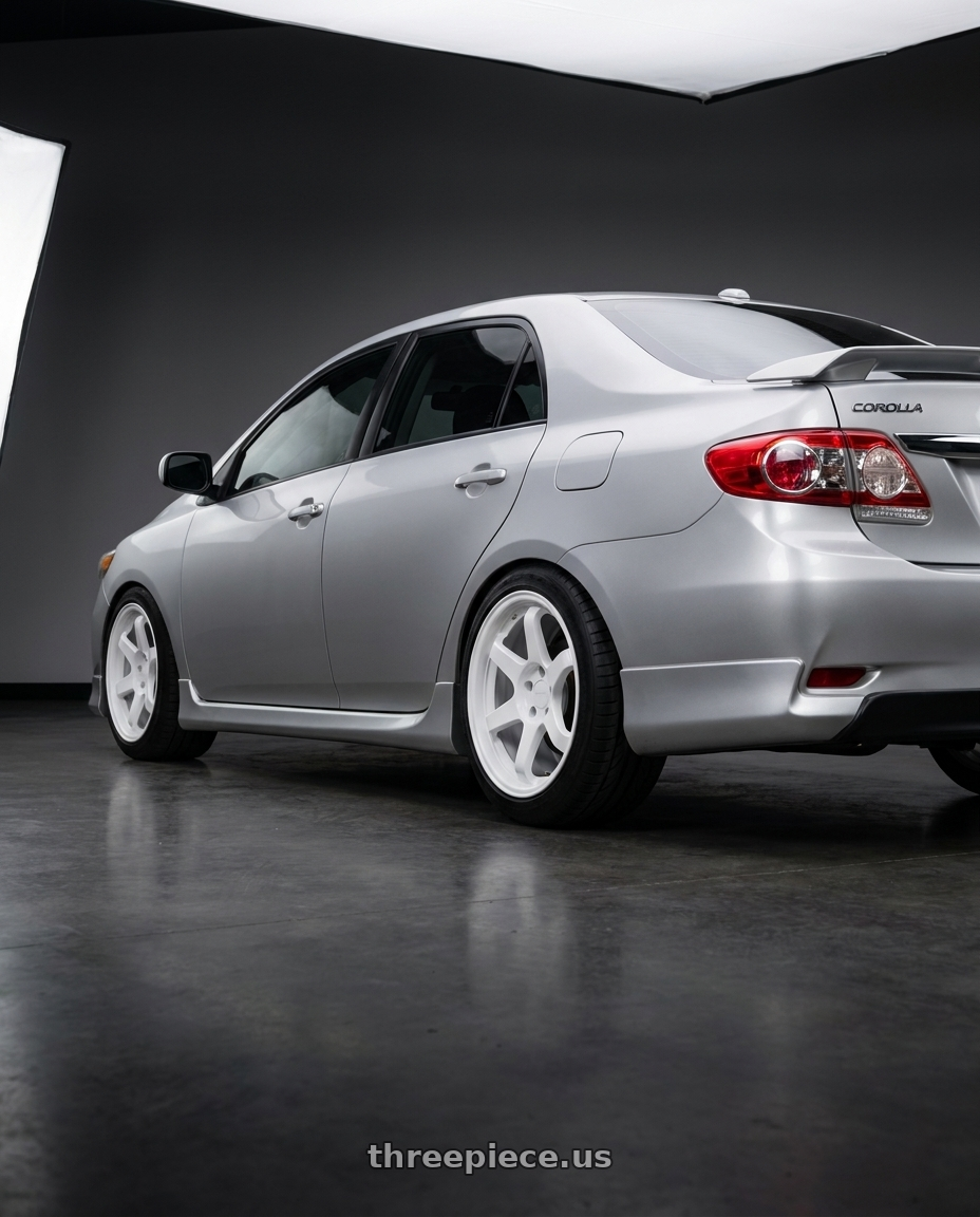 2010 Toyota Corolla S with 9six9 SIX-1 5x114.3 17X8 +35 Competition White wheels rear three quarter view meaty tires