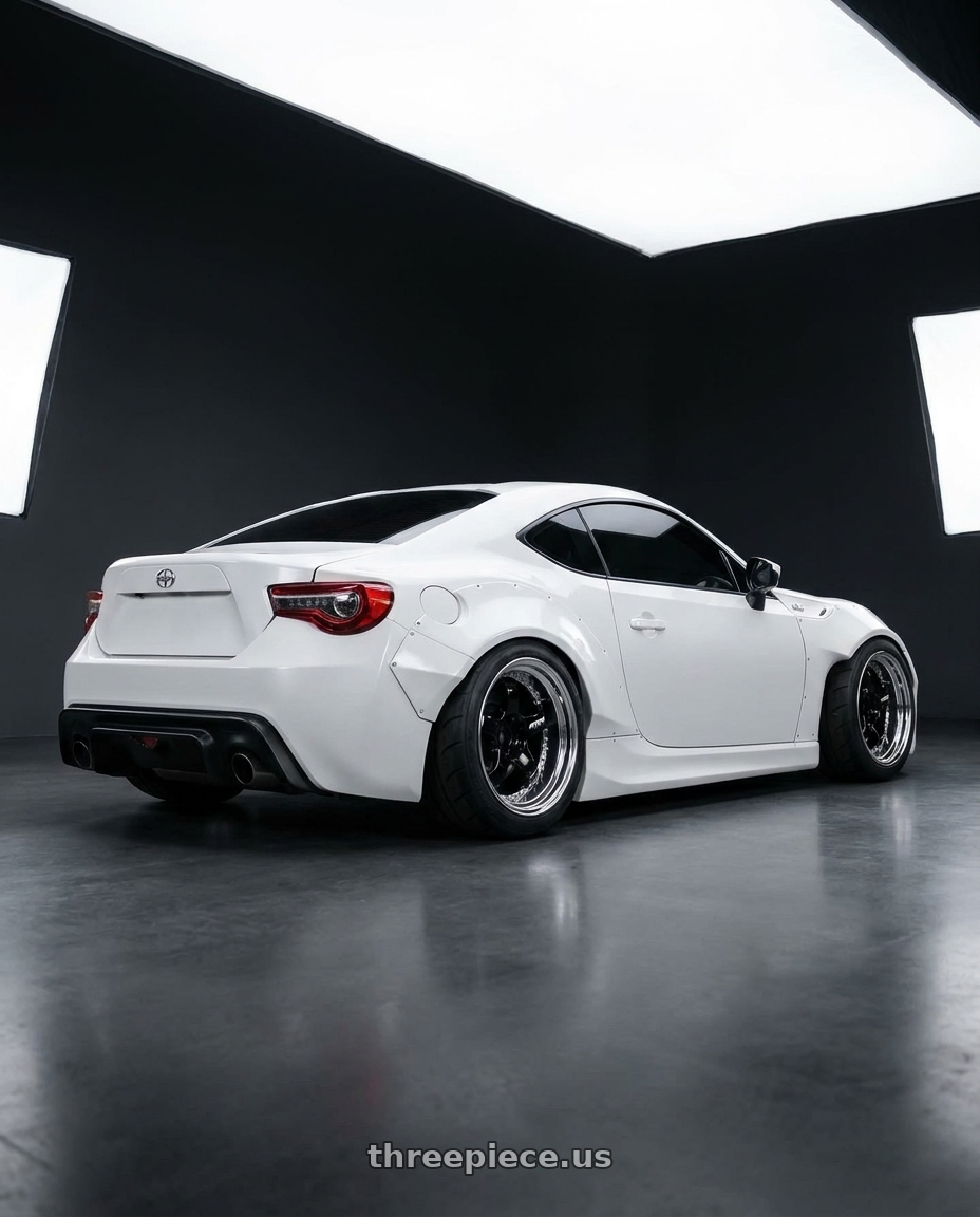 2016 scion frs coupe white widebody with Work Meister S1 3P 5x100 18x10.5+3 A Disk Black wheels rear three quarter view meaty tires