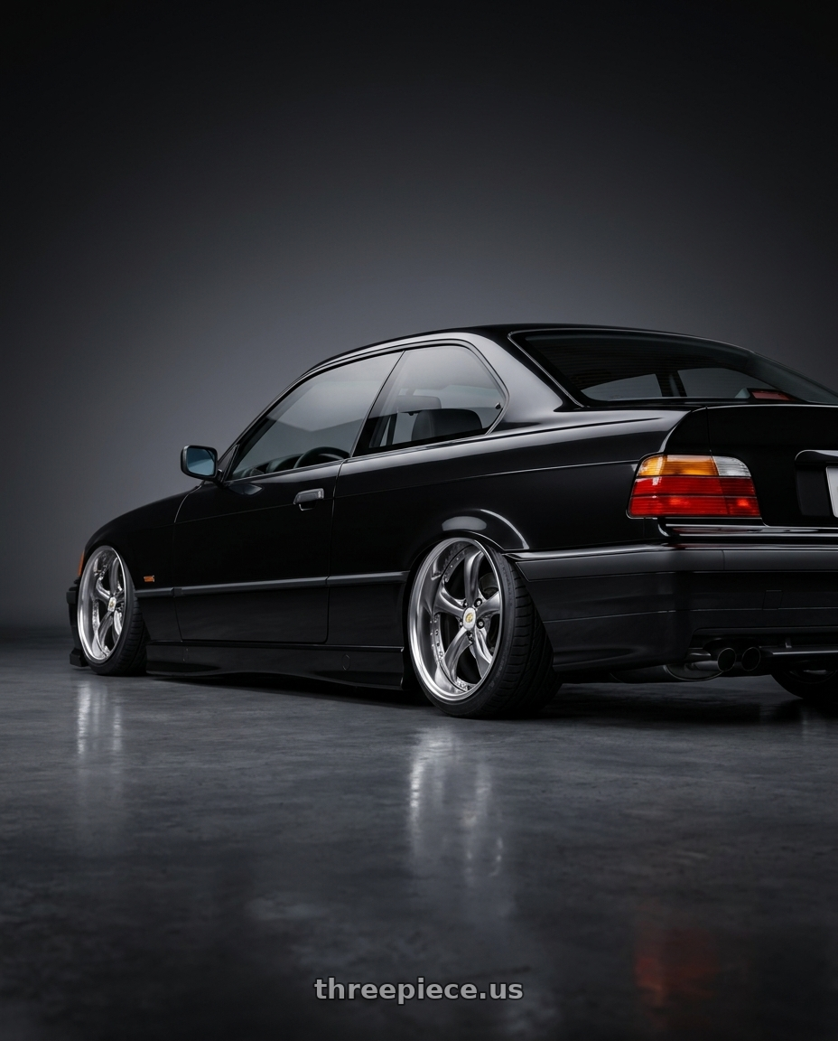 1994 Bmw 325i coupe with Work Wheels VS-KF 5X114.3 19x7.5+34 Brilliant Silver Black A Disk FULL REVERSE wheels rear three quarter view slight stretch tires