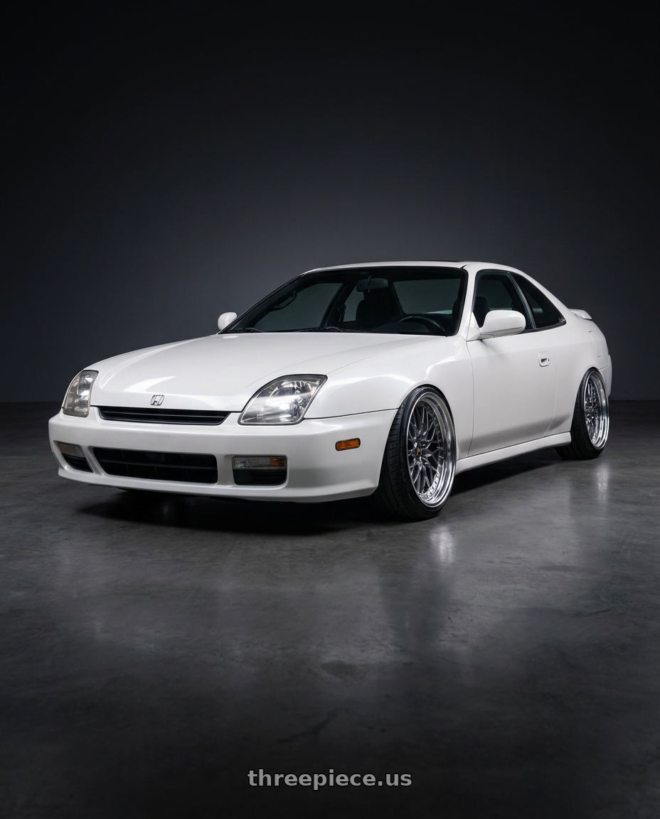 2000 Honda Prelude with Work Vs-Xv 5x114.3 19x9.5+35 L Disk Brilliant Silver Black wheels front three quarter view lowered stance