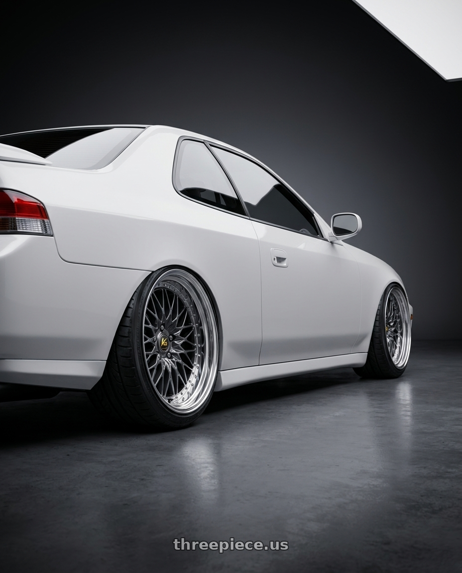 2000 Honda Prelude with Work Vs-Xv 5x114.3 19x9.5+35 L Disk Brilliant Silver Black wheels rear three quarter view extreme stretch tires
