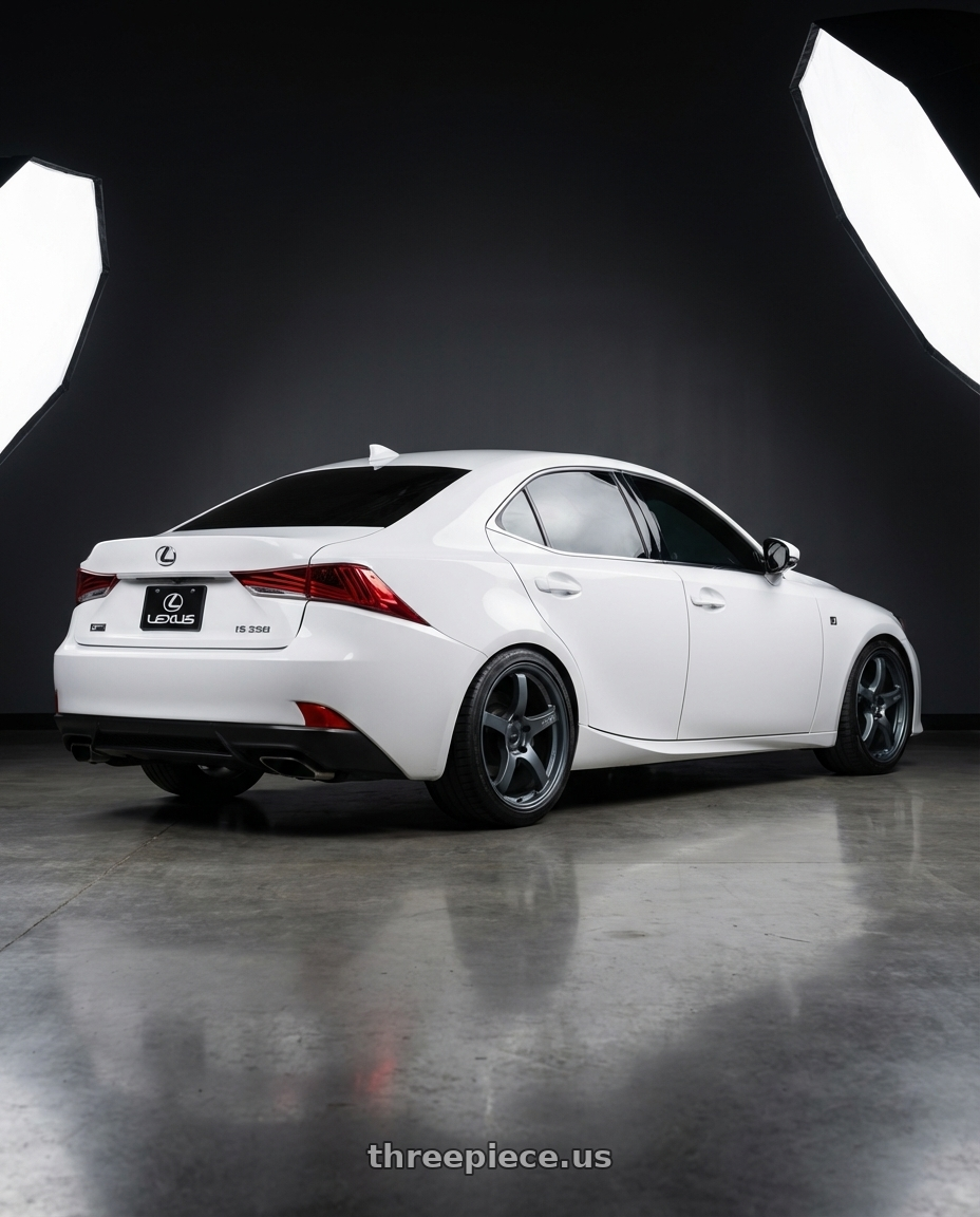 2018 Lexus IS 350 F Sport with Gram Lights 57CR 5x114.3 19x9.5+35 Gunblue II wheels rear three quarter view square tires