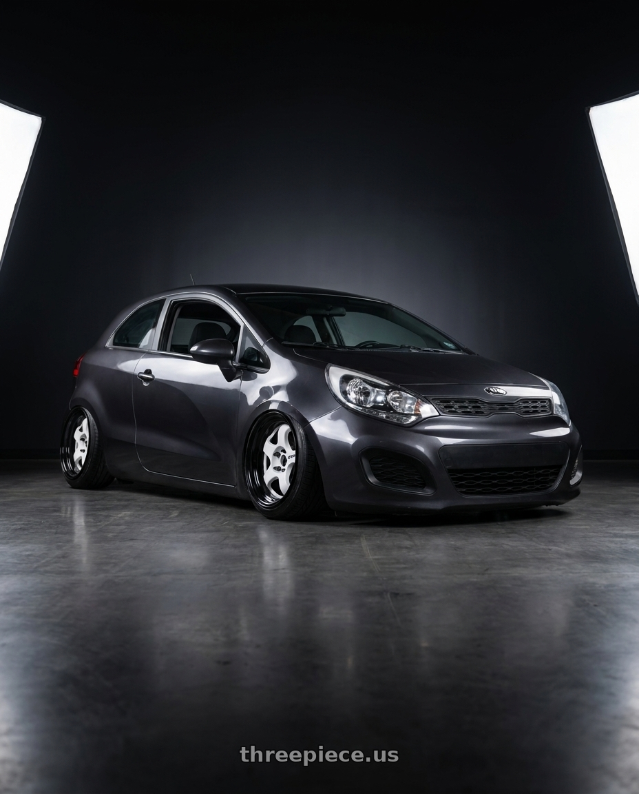 2013 Kia rio 3 with Work Meister S1 2P 4x100 15x10+0 A Disk Black wheels front three quarter view stanced stance