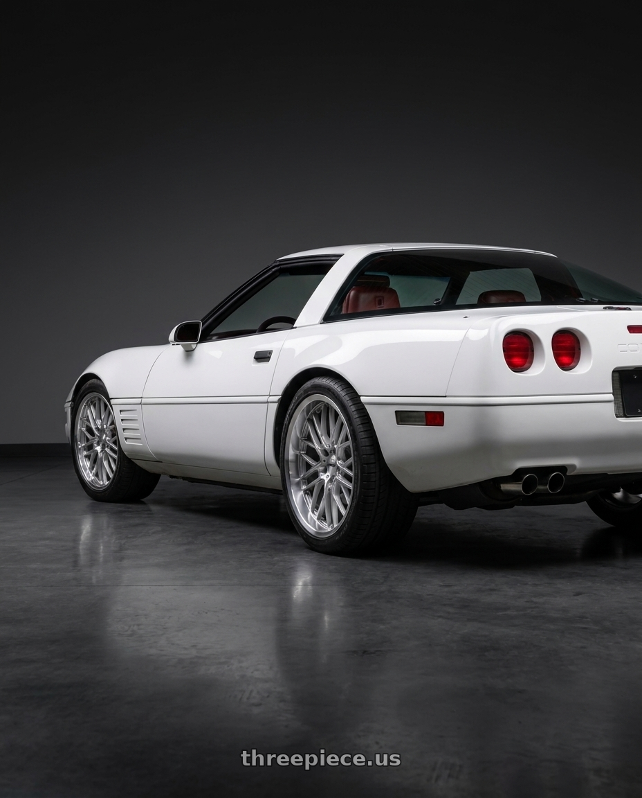 1994 Chevrolet Corvette Coupe White with Cray EAGLE 5X120.65 20X10.5 +69 SILVER W/ MIRROR CUT FACE & LIP wheels rear three quarter view square tires