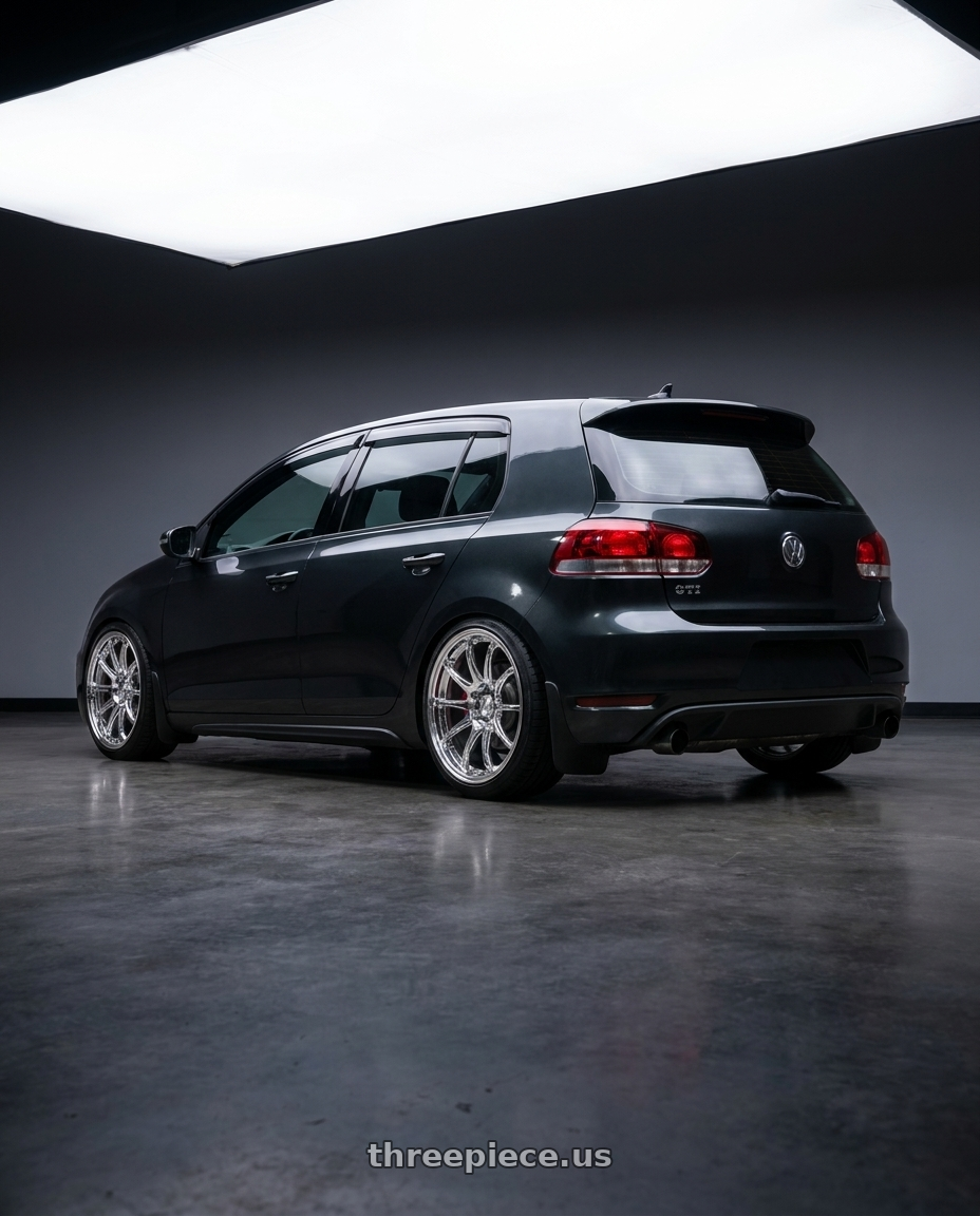2014 VW GTI Wolfsburg Edition with KATANA RACING HR06 5x112 18x8.5 +35 Chrome wheels rear three quarter view square tires