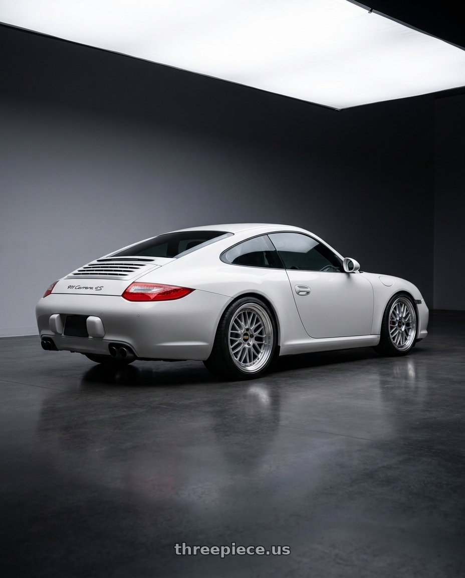 2012 Porsche 911 with BBS LM 5x120 20x10.0+20 Diamond Silver wheels rear three quarter view square tires