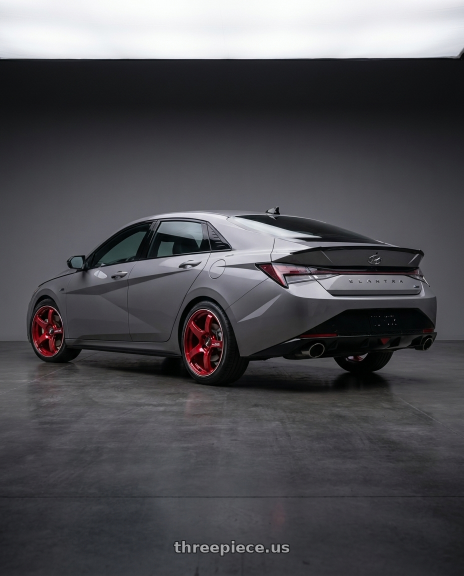 2023 Hyundai Elantra n line with Advan Racing TC4 5x114.3 17x7.5 +48 RACING CANDY RED & RING wheels rear three quarter view square tires