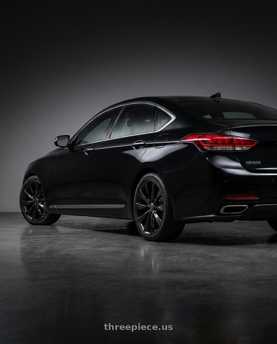 2016 hyundai genesis 3 8 with O.E. Revolution TS-1 5x114.3 19x8.5 +35 Gloss Black wheels rear three quarter view square tires