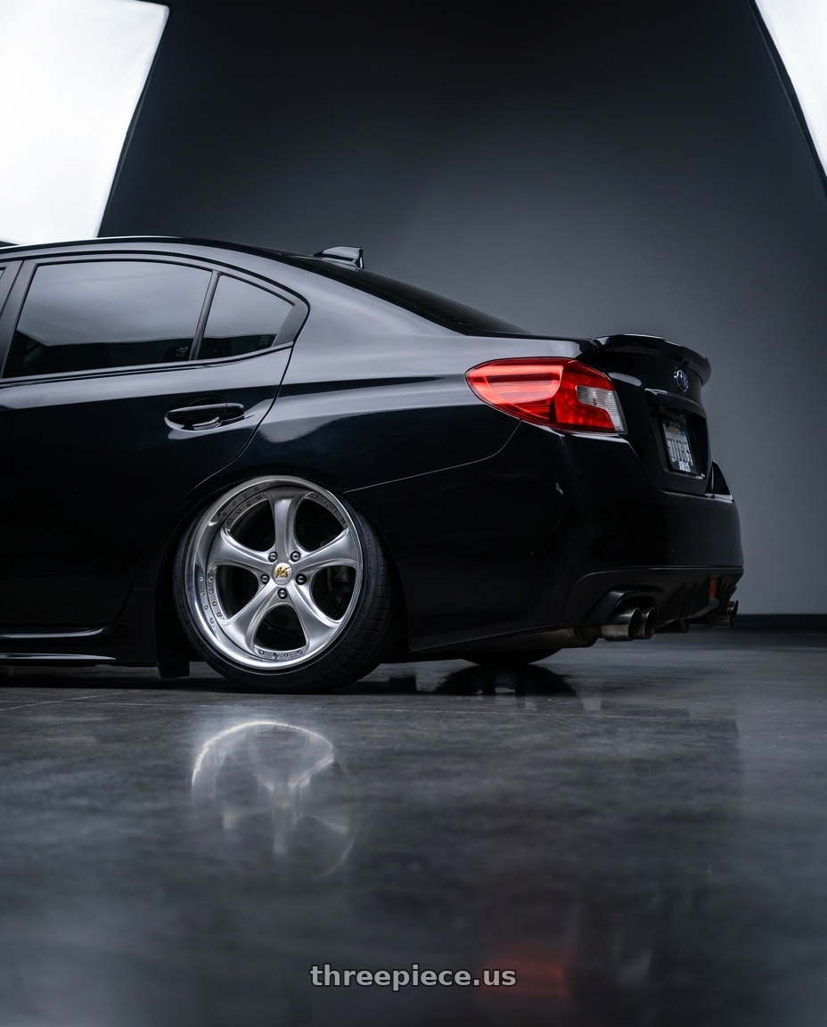 2021 Subaru wrx with Work Wheels VS-KF 5x114.3 18x9.5+47 Light Grey Silver A Disk FULL REVERSE wheels rear three quarter view slight stretch tires