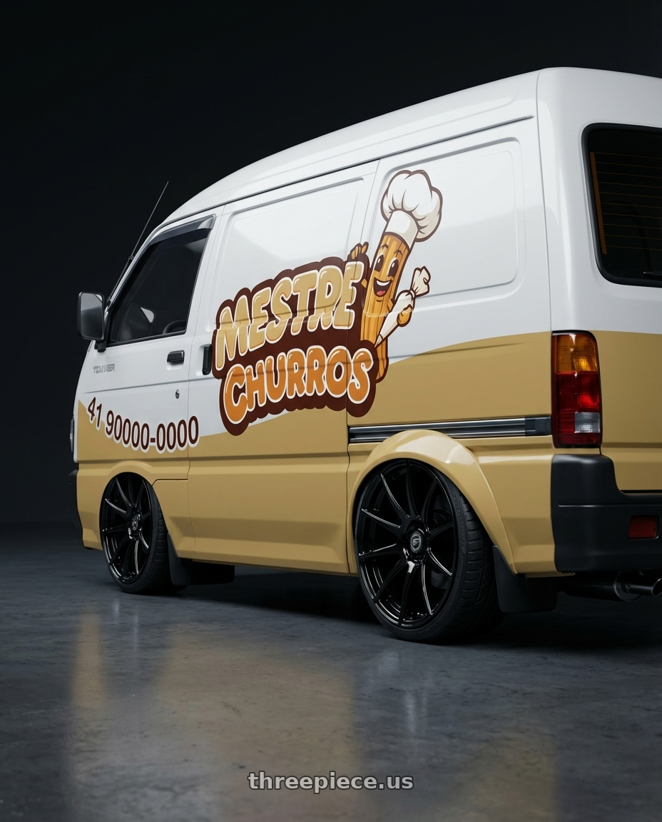 asia towner cargo 1993 adesivada de churros with Forgestar CF10 5x114.3 19x9 +35 Gloss Black wheels rear three quarter view square tires