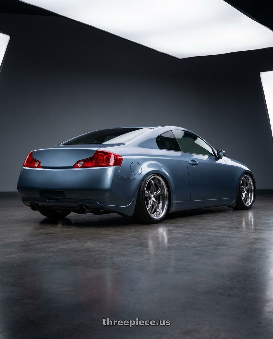 2006 Infiniti g35 base metallic slate blue  with Work Wheels VS-KF 5X114.3 19x7.5+34 Brilliant Silver Black A Disk FULL REVERSE wheels rear three quarter view slight stretch tires