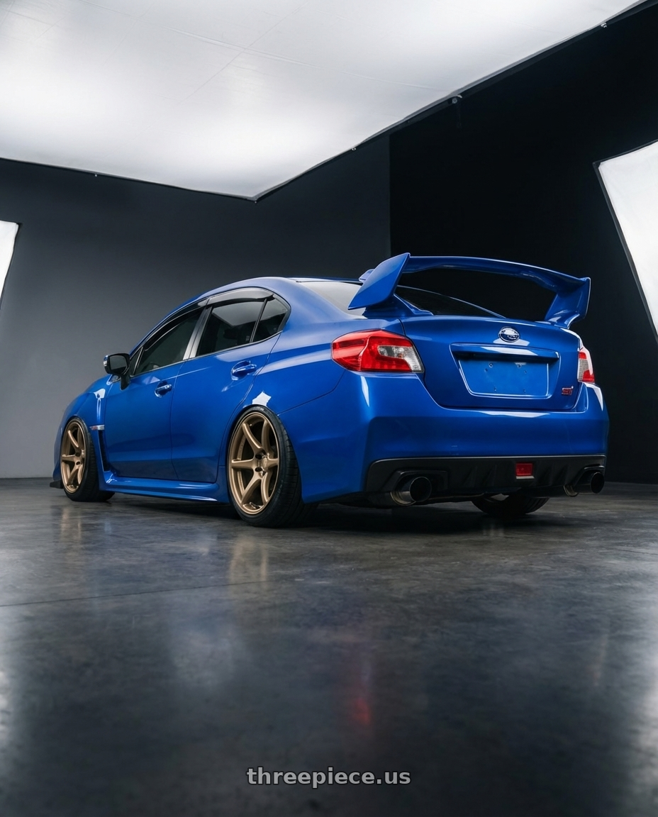 2013 Subaru WRX STI with Kansei K11B Tandem 5x114.3 18x10.5 12 Bronze wheels rear three quarter view slight stretch tires