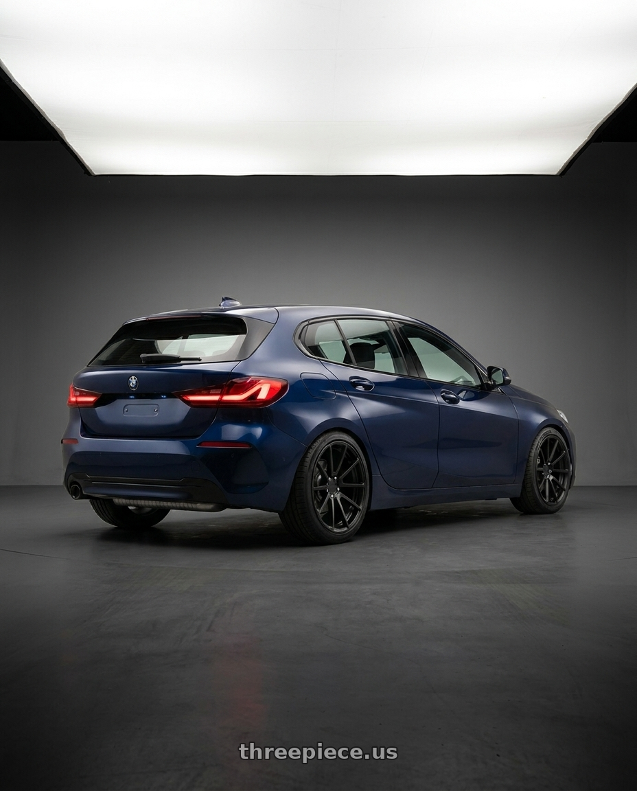 2021 Bmw 1 Series with Rotiform 1PC R122 SPF 5X112 18X8.5 +45 MATTE BLACK wheels rear three quarter view square tires