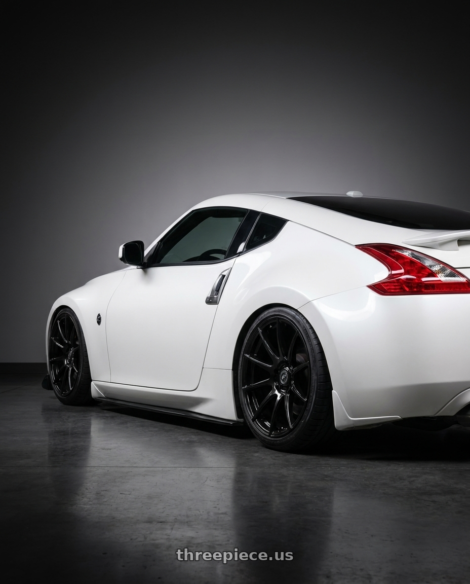 2019 Nissan 370Z with Forgestar CF10 5x114.3 19x9 +35 Gloss Black wheels rear three quarter view slight stretch tires