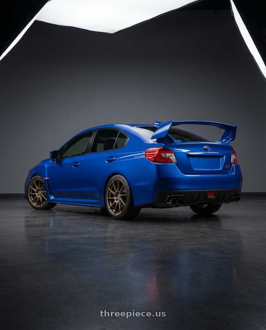 2013 Subaru WRX STI with Aodhan AH09 5x114.3 18x8.5 +35 Matte Bronze wheels rear three quarter view square tires