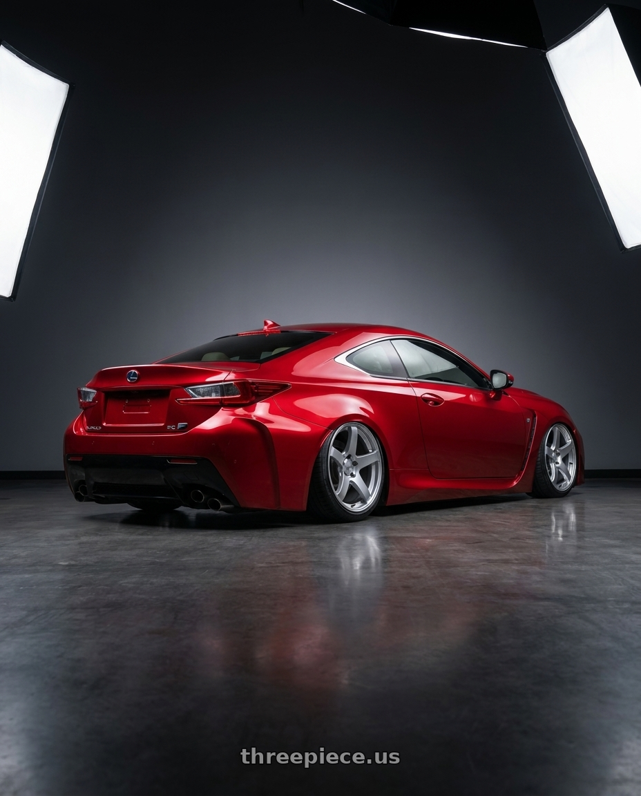 2018 Lexus RC F with Ssr Gtv01 5x114.3 19x8.5+38  GLARE SILVER wheels rear three quarter view slight stretch tires