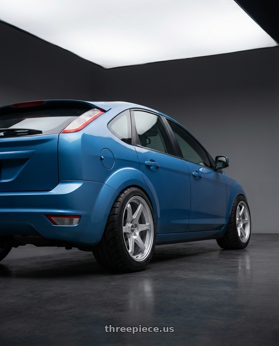 Ford Focus 2009 with ESR Wheels APEX SERIES AP6 5x114.3 18x8.5 +30 Hyper Silver wheels rear three quarter view meaty tires