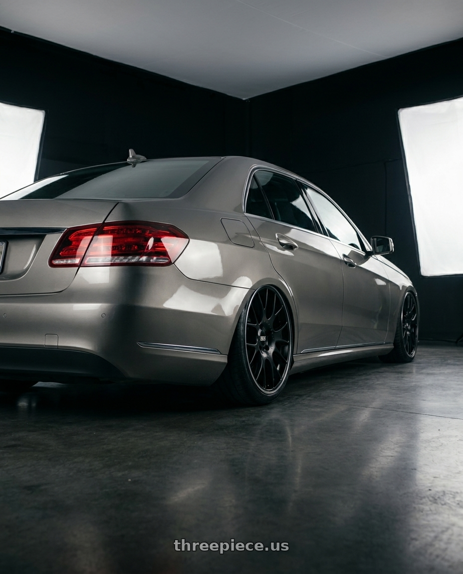 2014 W212 e220d with BBS CH-R 5x112 18x8.5 +47 Satin Black Polished Rim Protector wheels rear three quarter view slight stretch tires