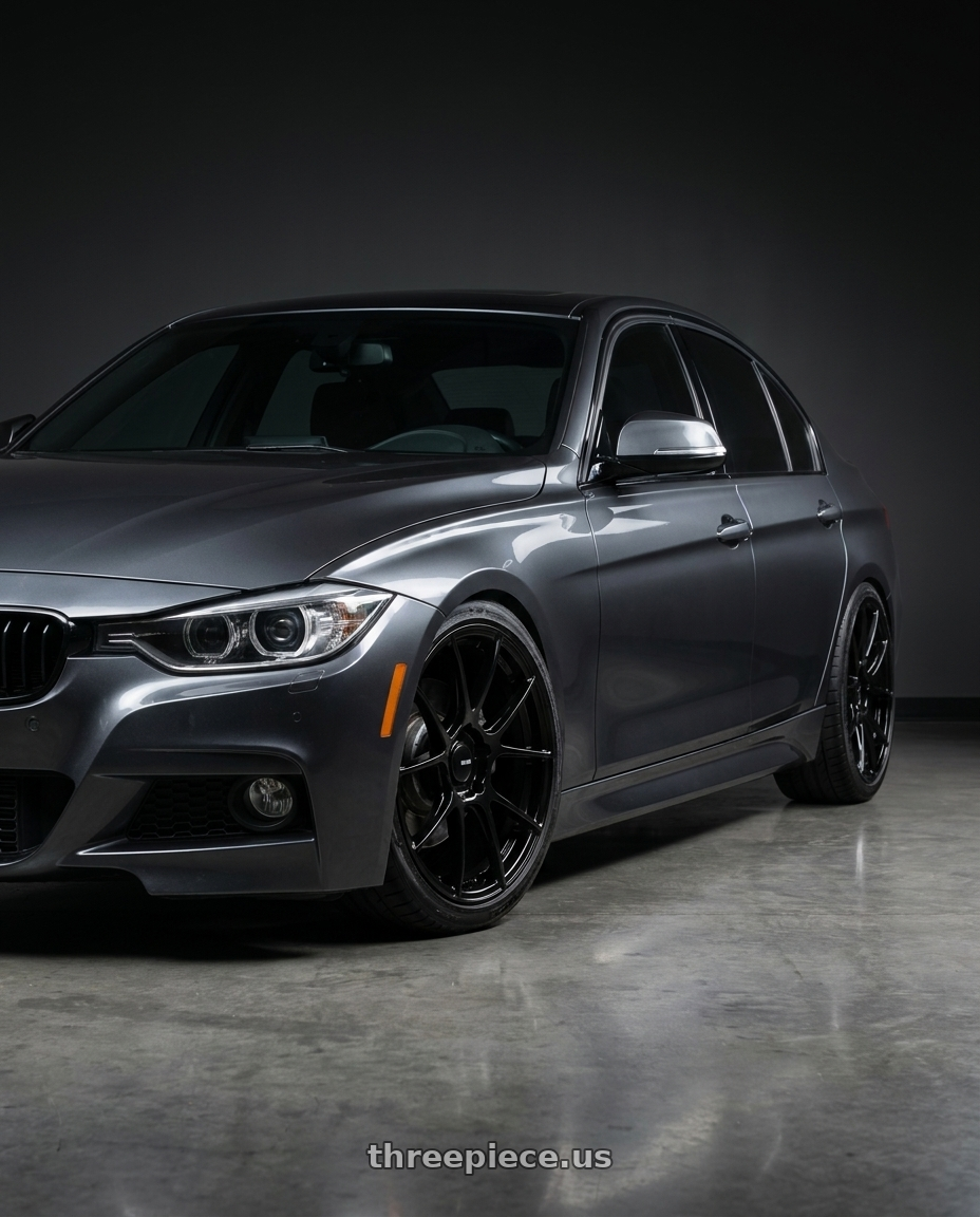 2013 BMW 335i with Enkei TS-V 5x120 18x8.5+38 Gloss Black wheels front three quarter view lowered stance