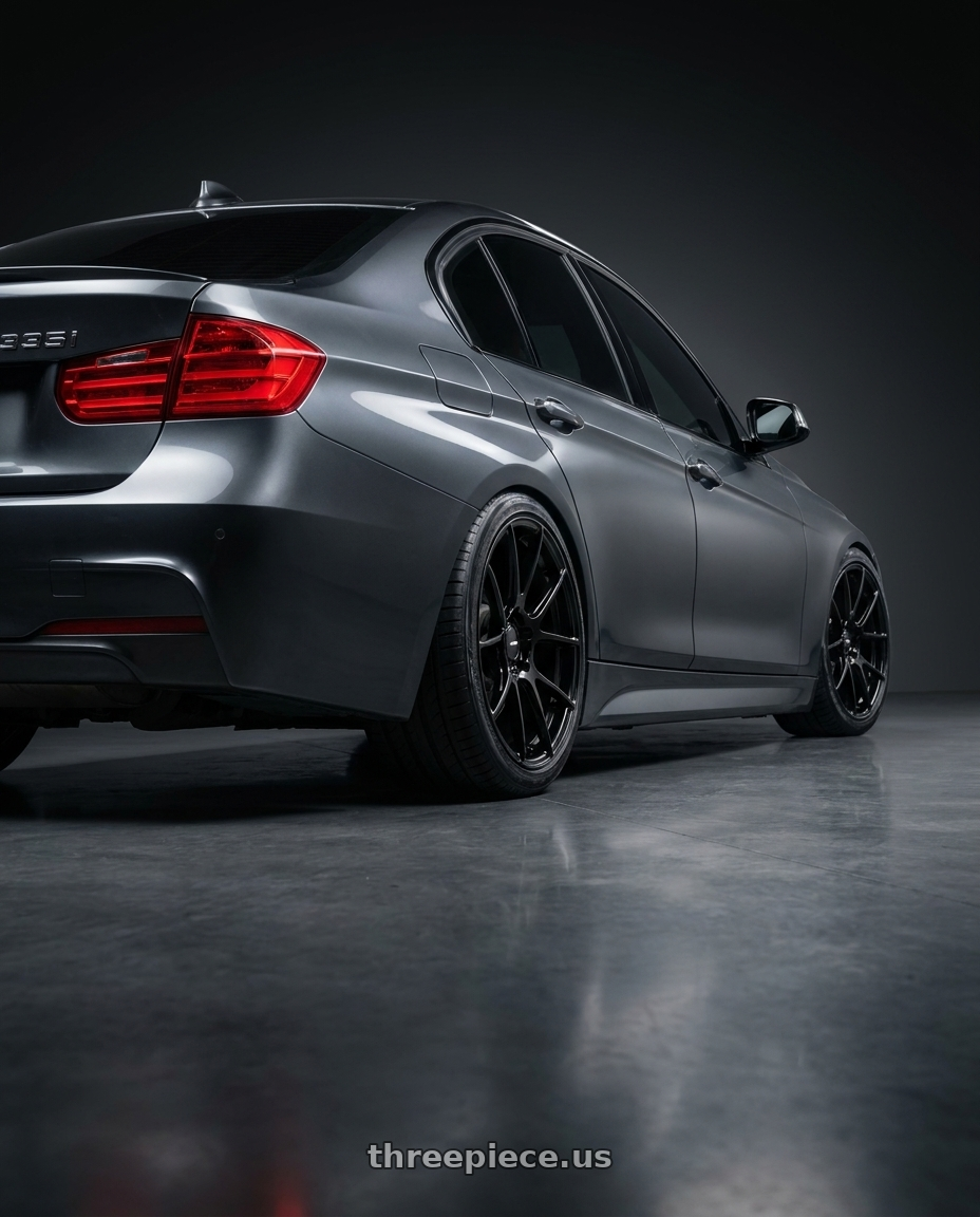 2013 BMW 335i with Enkei TS-V 5x120 18x8.5+38 Gloss Black wheels rear three quarter view slight stretch tires