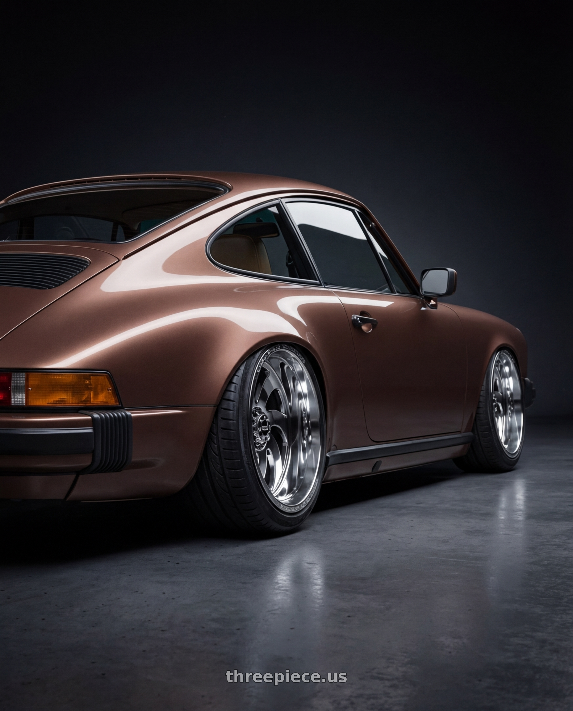 1979 Porsche 911 with Off Road Monster M07 Blank 20x10-19 Chrome wheels rear three quarter view extreme stretch tires