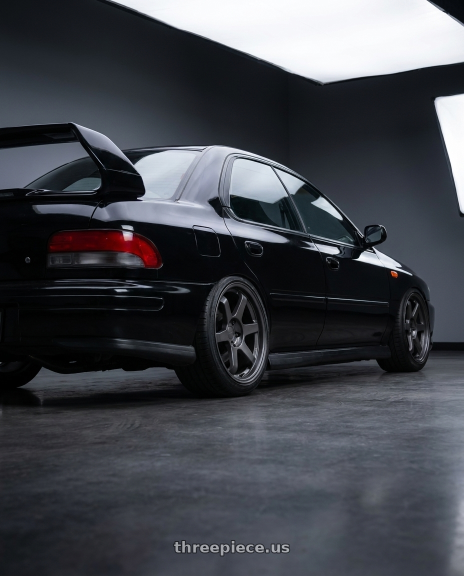 1998 Subaru Impreza GC8  with 9six9 SIX-1 5x100 17X8 +35 Carbon Gray wheels rear three quarter view slight stretch tires