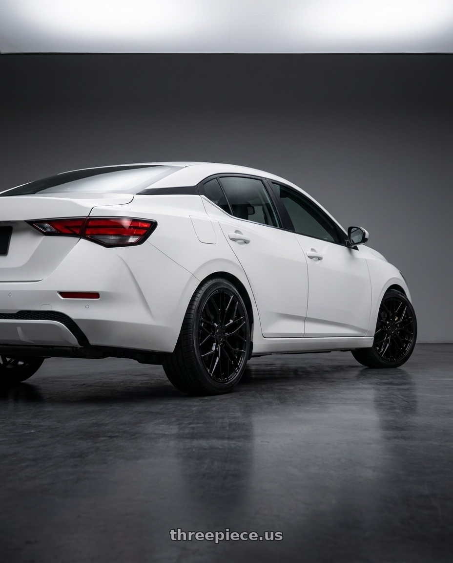 2023 nissan sentra with KATANA RACING KR01 5x114.3 17x7.5 +40 Glossy Black wheels rear three quarter view square tires