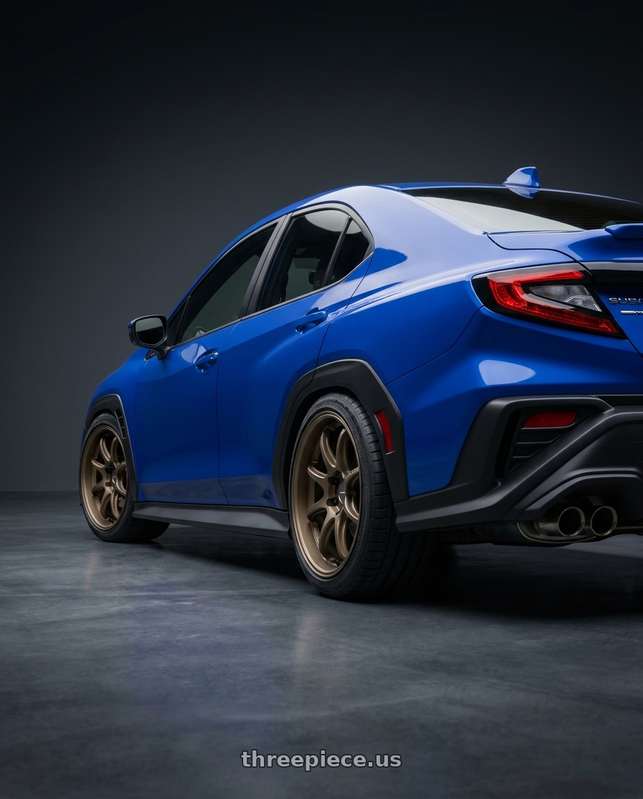 2024 Subaru WRX TR with Work Emotion D9r 5x100 18x8.5 +38 Matte Bronze wheels rear three quarter view square tires