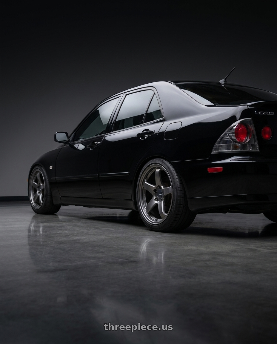 2004 Lexus IS300 with Enkei PF05 5x114.3 17x8+35 Dark Silver wheels rear three quarter view square tires