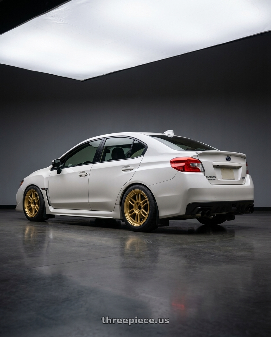 2017 Subaru WRX Limited, Crystal Pearl White with Enkei RPF1 5x114.3 18x9.5+38 Gold wheels rear three quarter view meaty tires