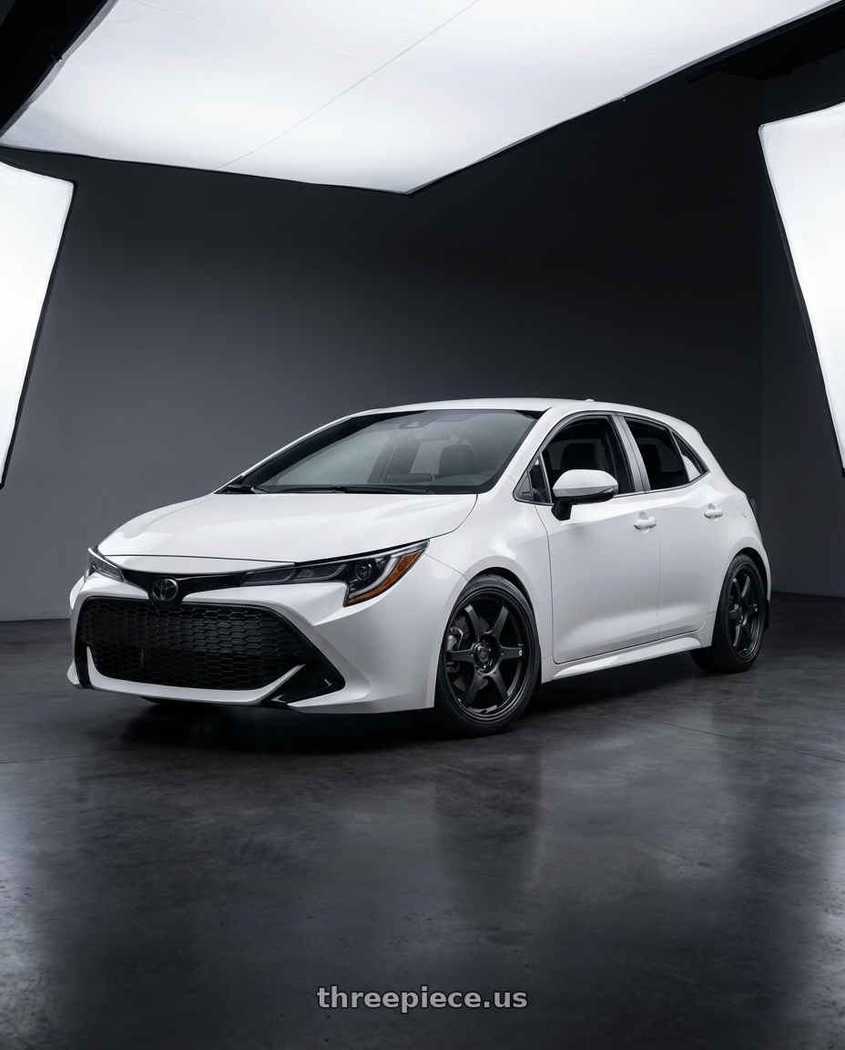 2023 Toyota Corolla Hatchback with Konig Backbone 5x114.3 18x8+35 Matte Black Milling Logo on Spoke wheels
